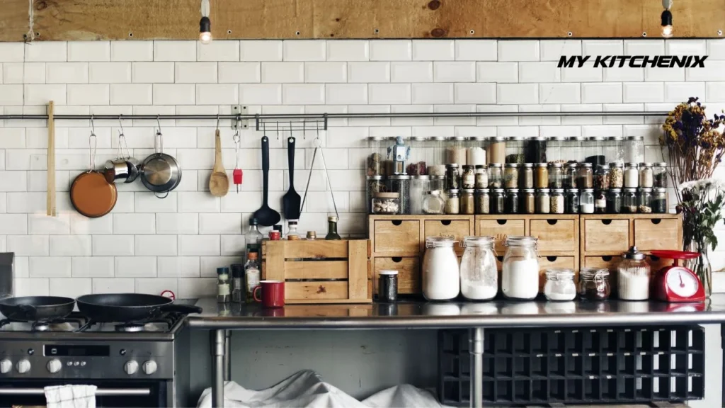 Daily useable kitchenware are hanging in the kitchen 